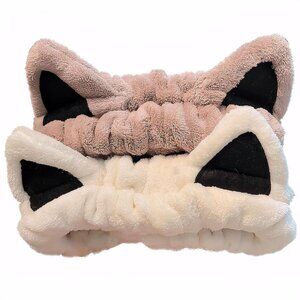 2 Pcs Cat Ears Headband Spa Headbands for Washing Face Headband Beige Khaki